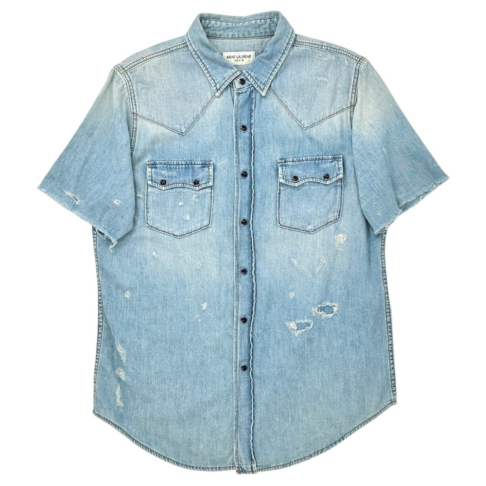 SAINT LAURENT Light Wash Distressed Denim Western Snap Button Short Sleeve Shirt